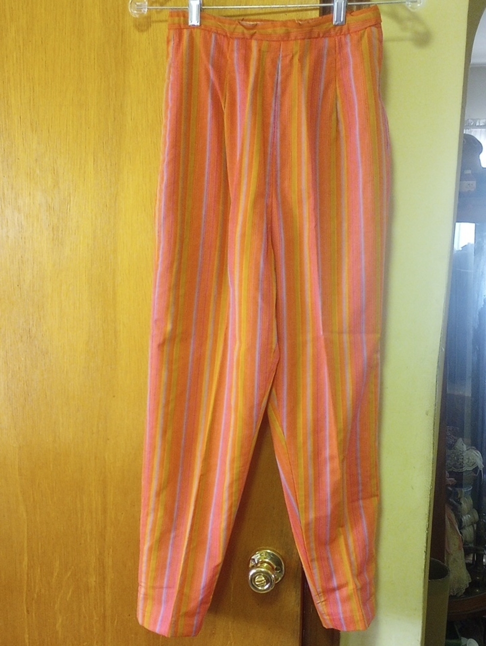 Vintage 70s Handmade Striped Cotton Pants/ Slacks. Coral Orange Gold Blue Purple